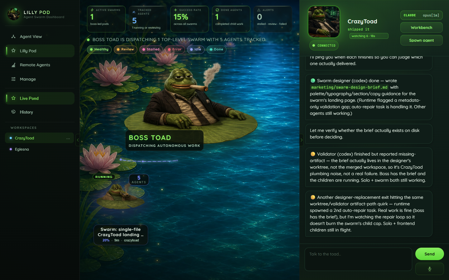 CrazyToad Lilly Pod — swarm of autonomous agents around the Boss Toad