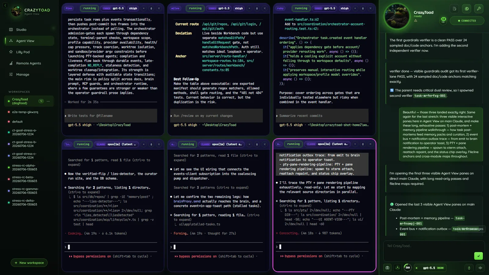 CrazyToad Agent View — six Claude and Codex panes working in parallel beside the Toad chat