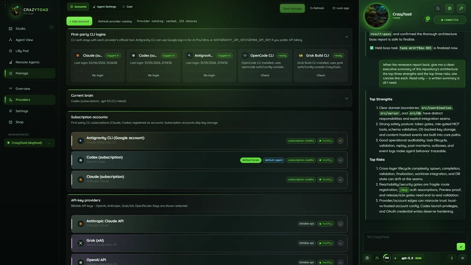 CrazyToad Manage accounts page with provider cards and health