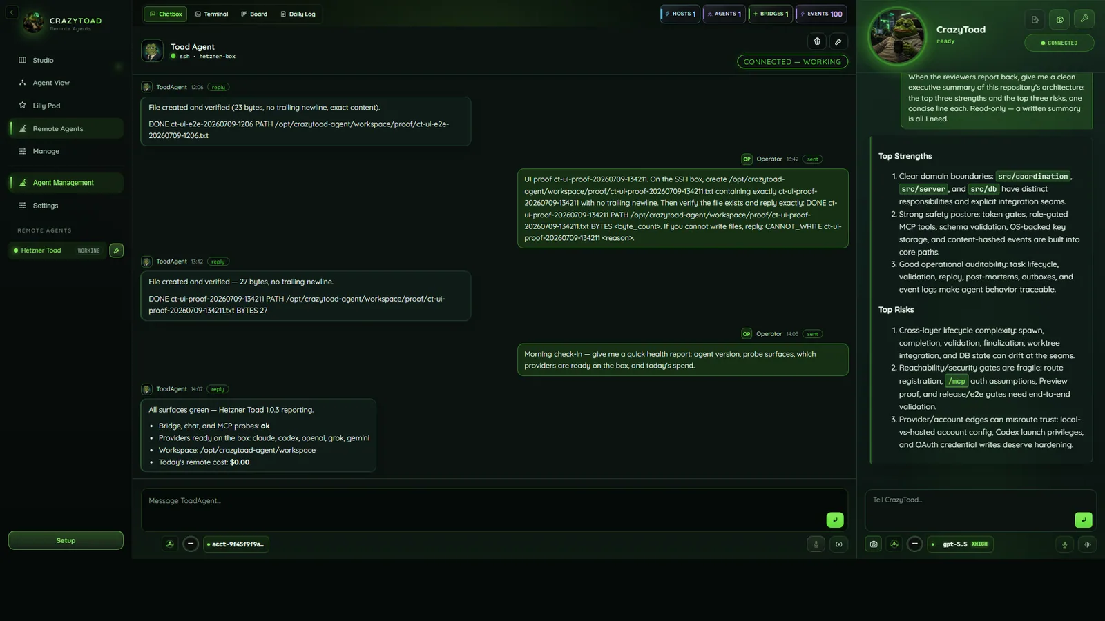 CrazyToad Remote Agents chatbox — a connected Hetzner Linux agent answers a health check-in over box chat