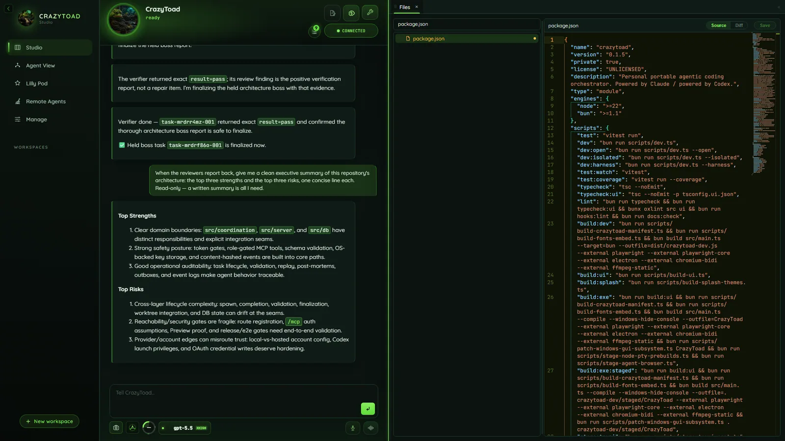 CrazyToad Workbench with the Files panel docked beside the live chat and approvals